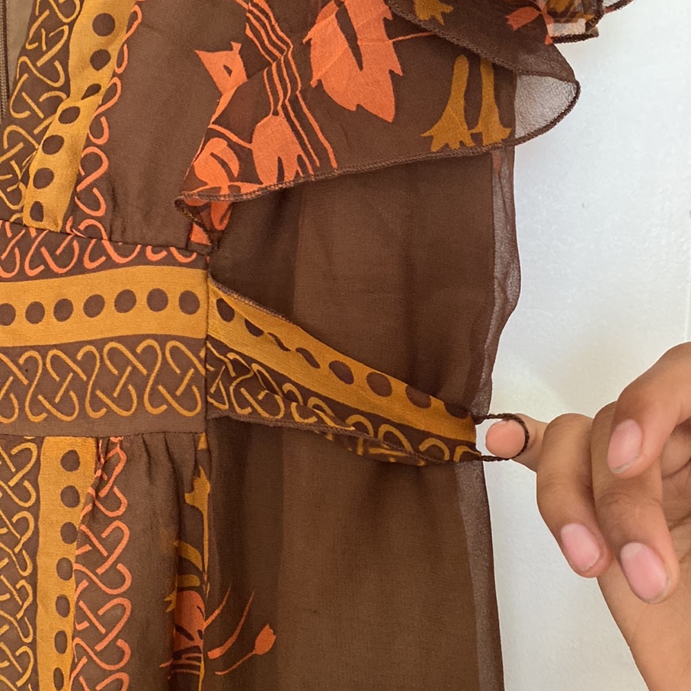 Anthropologie Brown & Mustard Floral Flutter Sleeve Midi Dress - Picture 5 of 5